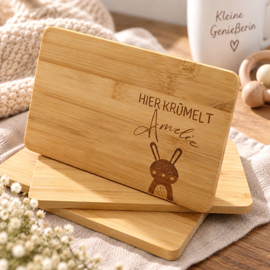 Graviertes Frühstücksbrett aus Holz mit personalisiertem Motiv