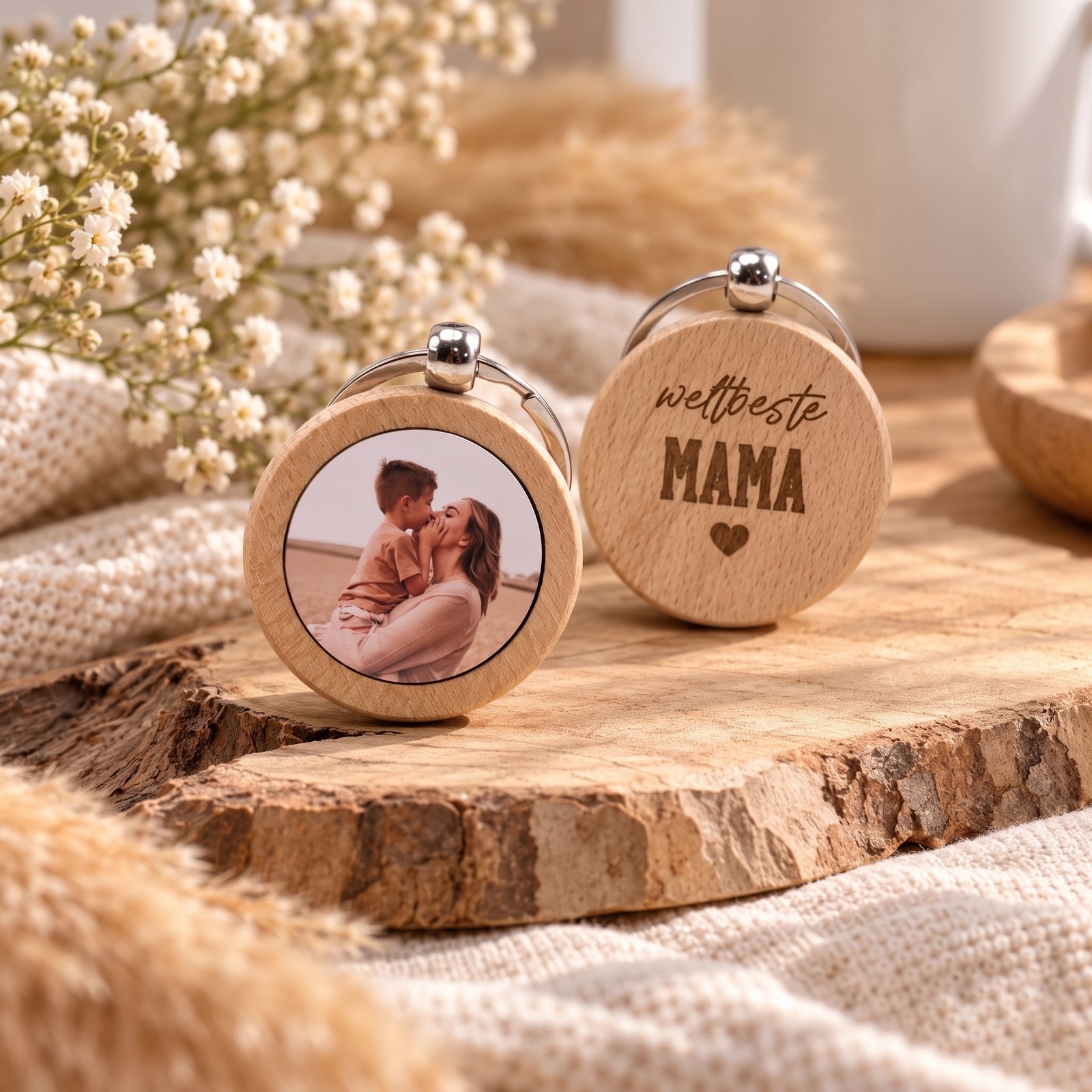 Zwei runde Holz-Schlüsselanhänger, einer mit Foto, einer graviert mit „Weltbeste Mama“